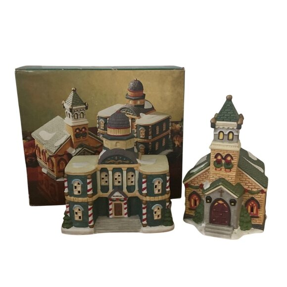 Grandeur Noel Snow Flake Village Church and Museum Christmas Hand Painted 1994 - Picture 1 of 14